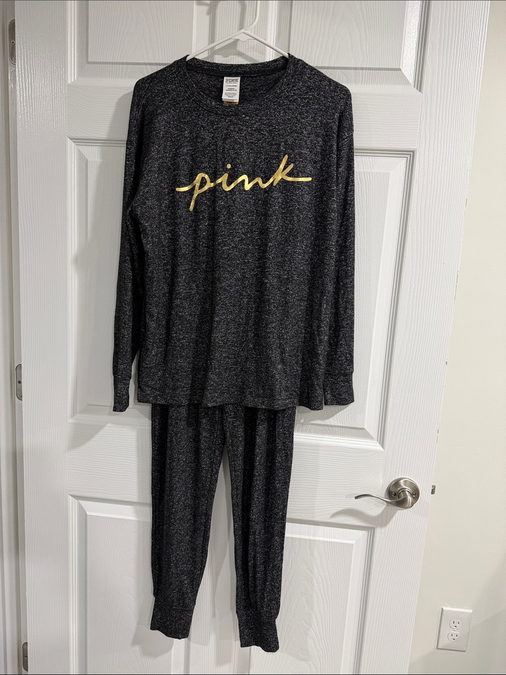PINK Victoria's Secret Charcoal Pajama Set with Gold Script